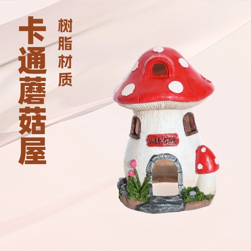 Escenografía de pecera simulación proceso de resina decoración de acuarios dibujos animados casa de hongos pequeña mascota escondida fábrica de decoración lúdica