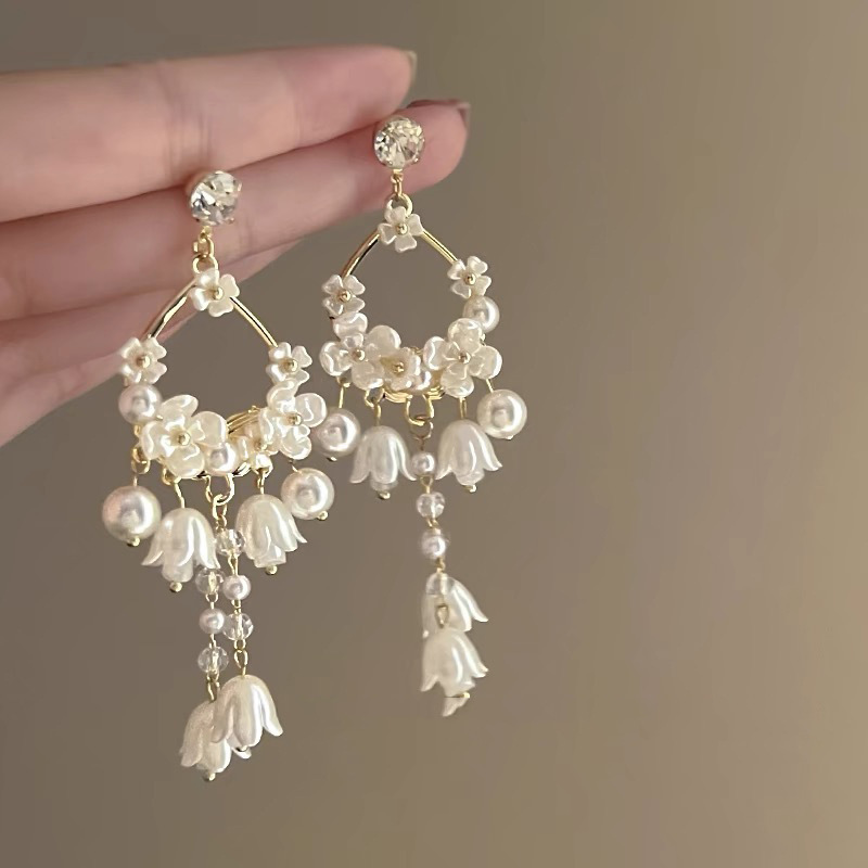 silver stud rhinestone-encrusted pearl flower tassel earrings niche temperament atmosphere earrings affordable luxury fashion high-grade earrings
