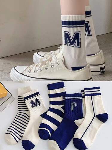 Klein Blue Socks Women's Large MP Letter Medium Socks Spring and Autumn Blue Striped P Stockings Couple Sports Socks