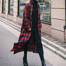 跨境新款格子长袖衬衫女韩版中长款宽松过膝衬衣休闲BF风开叉上衣