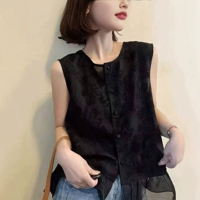 Lace Patchwork Sleeveless Shirt for Women 2026 Summer Korean Style Fashion Solid Color Stylish Blouse Versatile Slimming Top Lace Patchwork Sleeveless Shirt for Women 2026 Summer Korean Style Fashion Solid Color Stylish Blouse Versatile Slimming Top