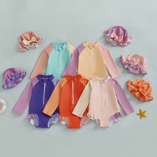 60-70-80-90-100 color stitching one-piece long sleeve with hat children's swimsuit