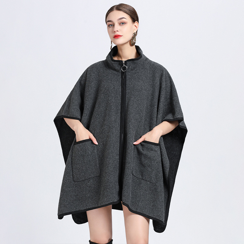 Stand collar pocket zipper cape cape large size knitted cardigan sweater coat woman_voghion.com