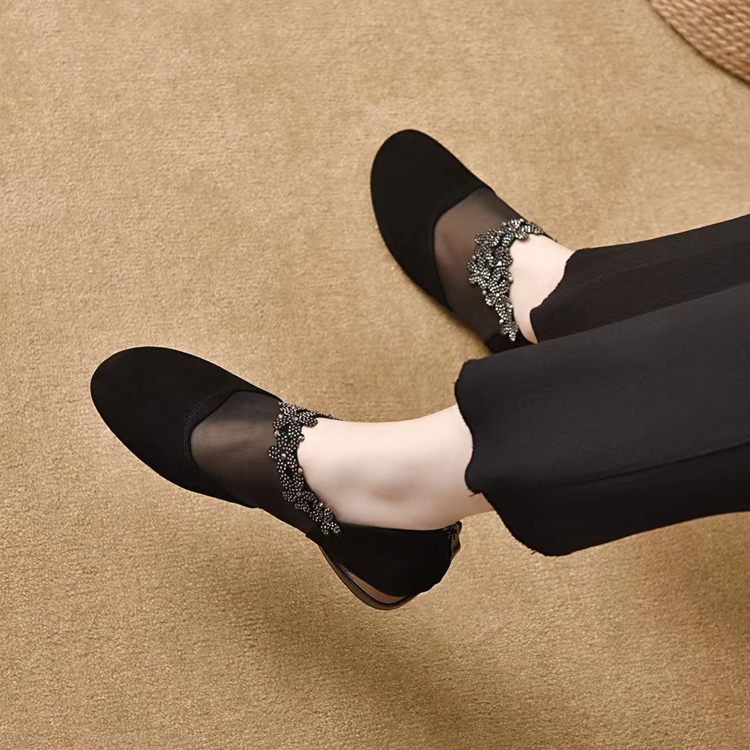 Giày nữ da mềm phối lưới mũi kín đính đá gót thấp 3 cm — 3 cm chi tiết 5