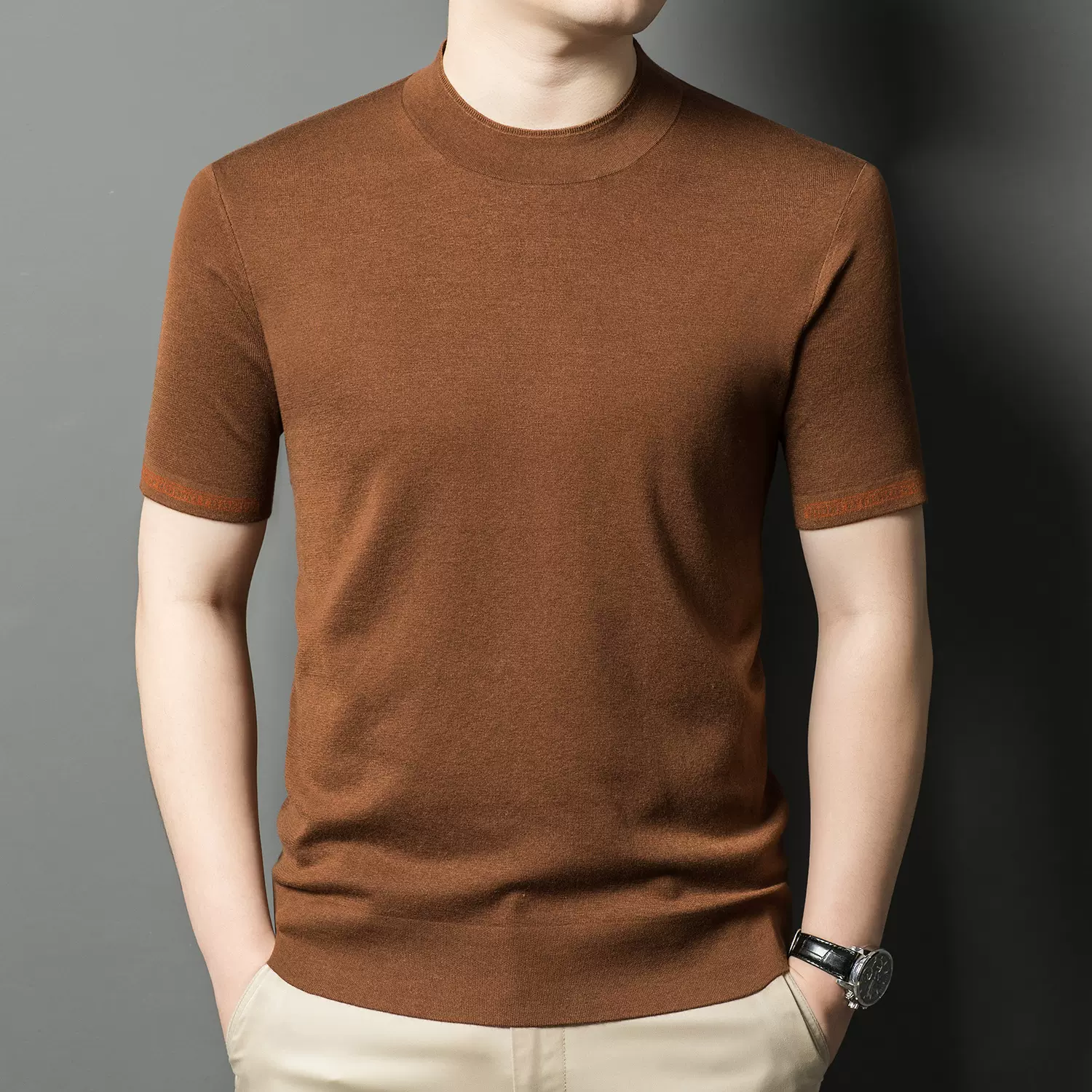 含桑蚕丝男士针织衫短袖2026春季新款圆领纯色通勤休闲打底衫男