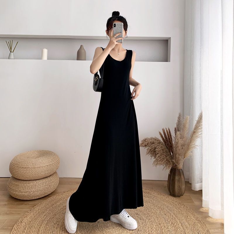 2026 Ice Silk Dress, Ribbed Tank Dress, Mid-Length Versatile Dress for Both Inner and Outer Wear, Lazy Style Tummy-Covering Dress, Long Style