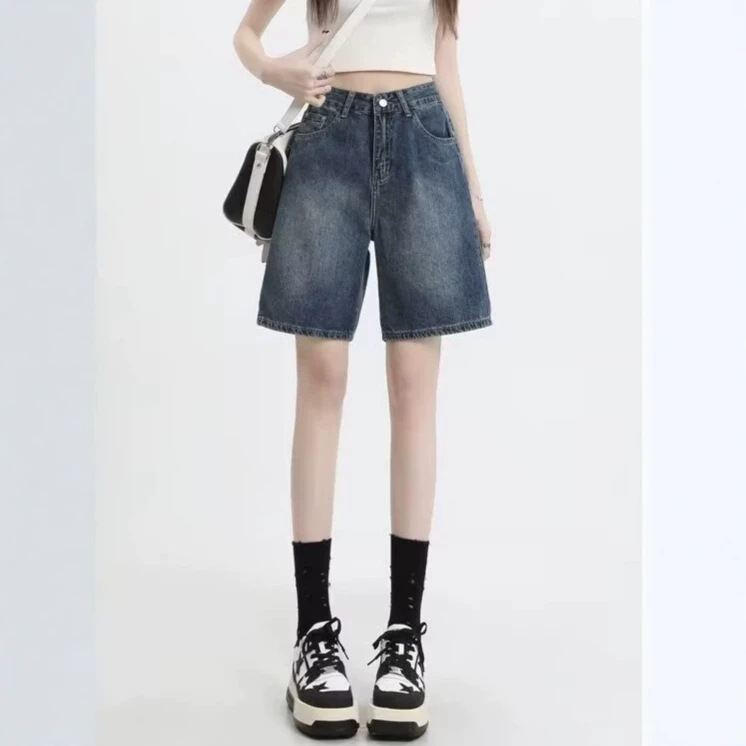 American-style Retro High Waist Denim Shorts Women's Summer Small Loose Slim-fit Mid-length Pants A- length Straight Pants American-style Retro High Waist Denim Shorts Women's Summer Small Loose Slim-fit Mid-length Pants A- length Straight Pants