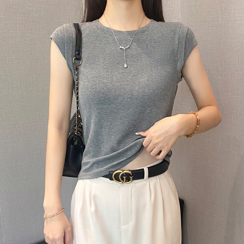2025 New Threaded Round Neck Short Sleeve T-Shirt Women's Summer Slim Bottoming Shirt Easiest for Match Slim Feifei Sleeve Top Trbottomy