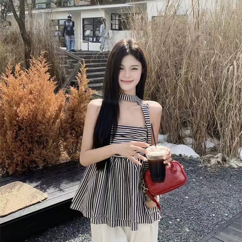 2025 топ с открытыми плечами и полосатой лентой, камзол, летняя новая элегантная свободная рубашка ins