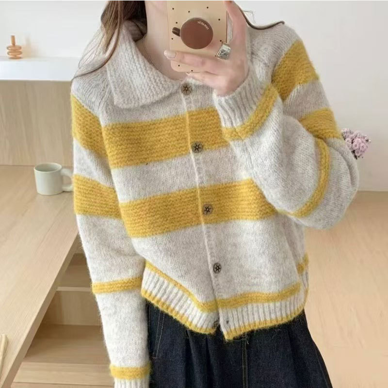 Coreano retro contraste a rayas suéter con solapa Cardigan abrigo de mujeres otoño invierno suelto viento perezoso camiseta de punto pequeña image 3