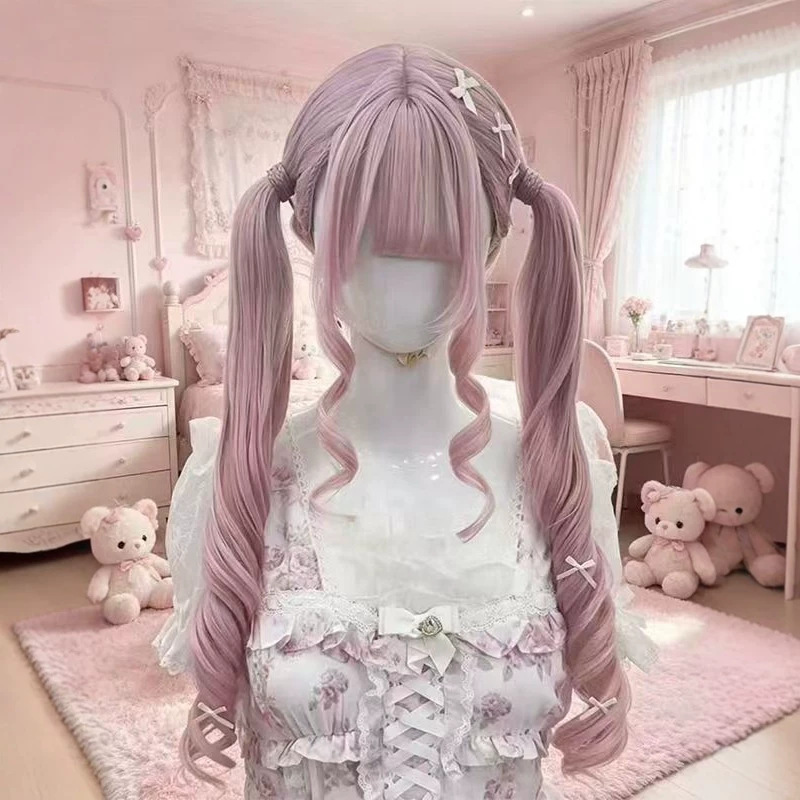 Light Pink Wig for Women, Tied into Two Ponytails, Long Curly Hair, Wavy, Sweet Lolita Style, Natural Full Head Wig
