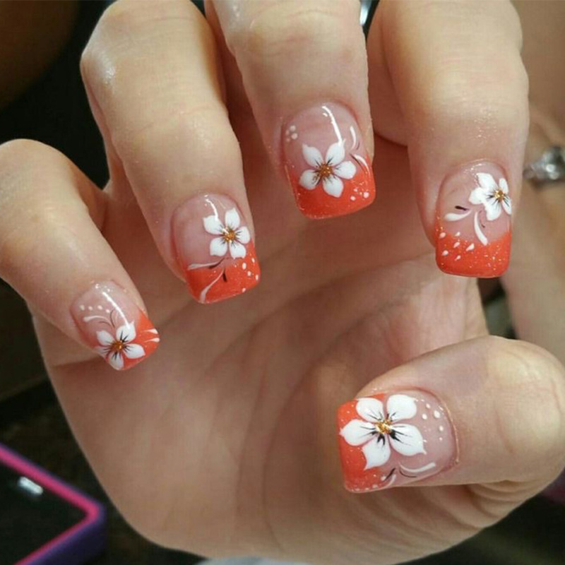 Simple Short Cube Wear Manicure Orange Elegant French White Flower Wear Nail Cross-border Hot Selling False Nail Manicure Pieces Simple Short Cube Wear Manicure Orange Elegant French White Flower Wear Nail Cross-border Hot Selling False Nail Manicure Pieces