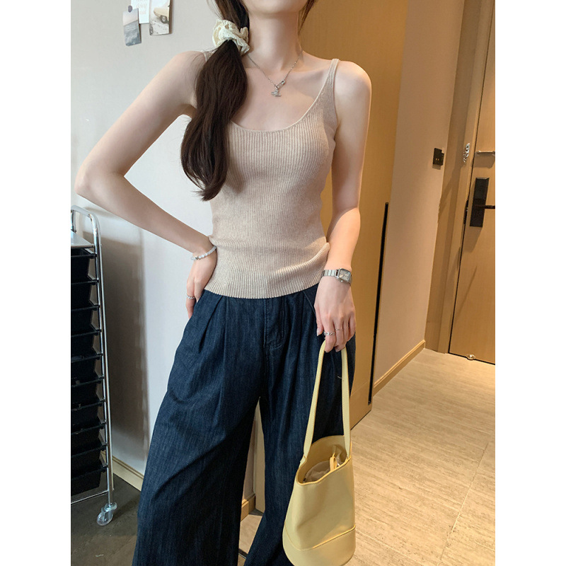 品牌折扣纯欲性感U领无袖羊毛针织吊带背心女2025夏新款辣妹上衣
