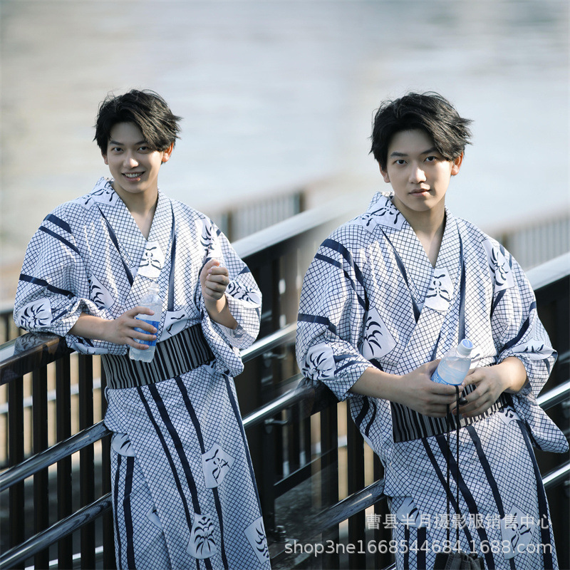 Japanese Traditional Men's Kimono Yukata Samurai Style Japanese Photo Shoot Outfit Japanese Loungewear Japanese Suit