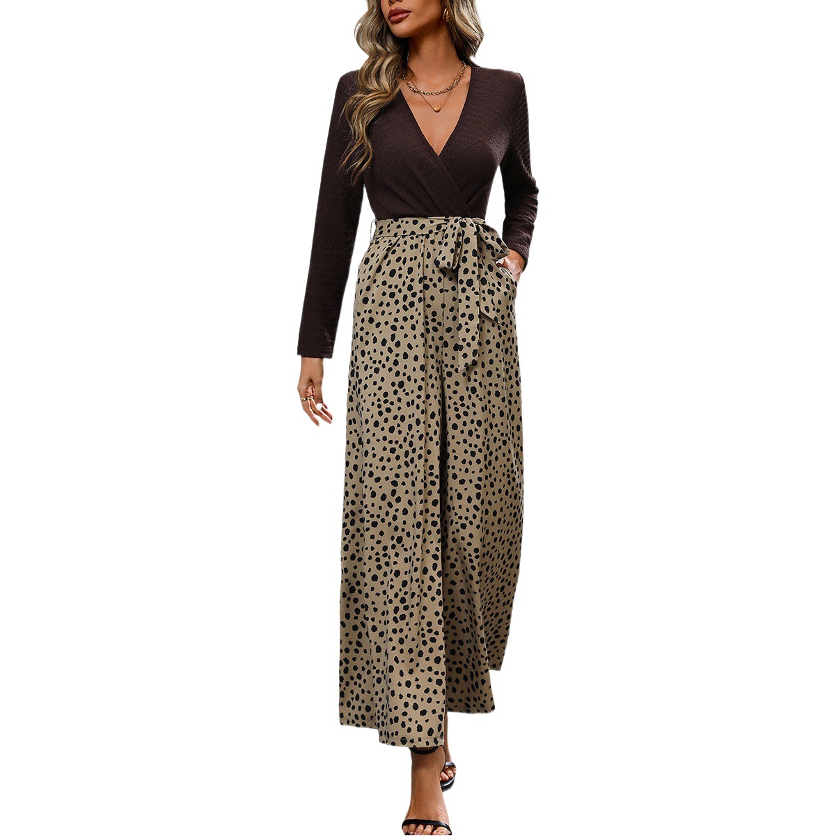 Kaikuo amazon mono de mujer europea y americana 2023 otoño e invierno elegante de manga larga con cuello en v superior pantalones anchos