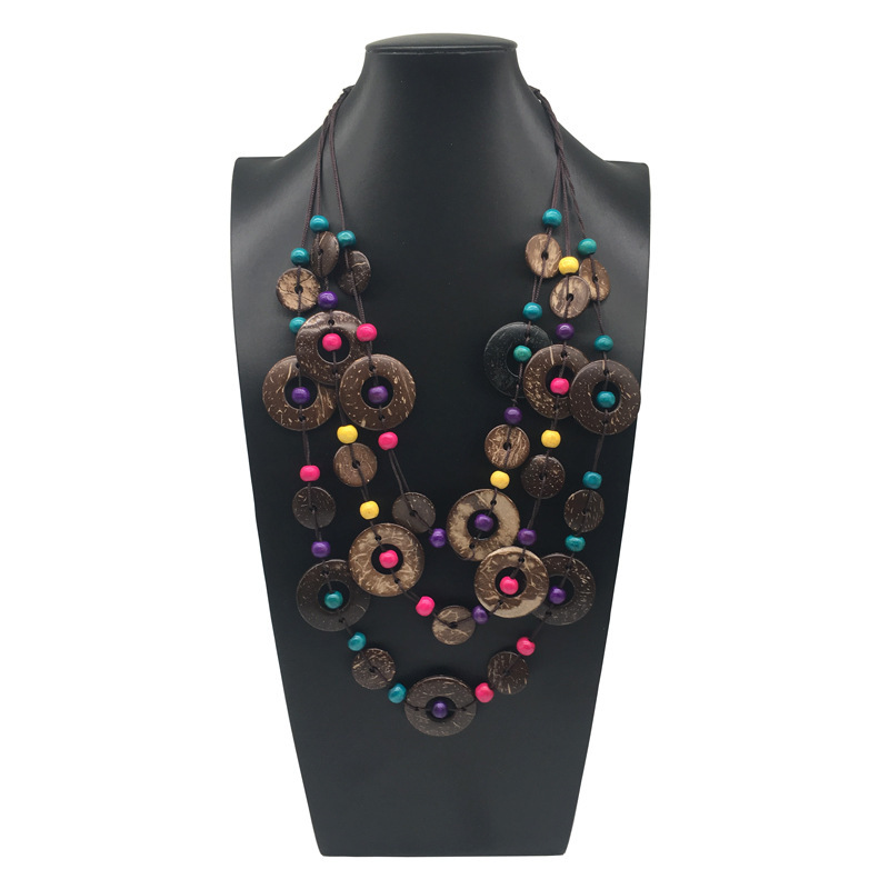 Bohemian vintage hand-woven round coconut shell wooden beads necklace women's colorful beach style necklace Bohemian vintage hand-woven round coconut shell wooden beads necklace women's colorful beach style necklace