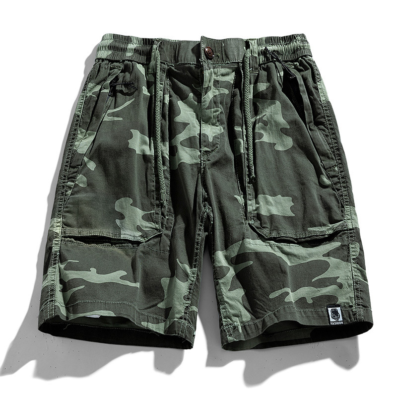 Camouflage Summer Washed Cargo Shorts Cotton Loose Straight Casual Camouflage Elastic Waist Five-Point Shorts Men's Trend