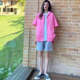 沈梦辰抖音同款粉色短袖bf风衬衫女小众设计感宽松衬衣上衣外套潮