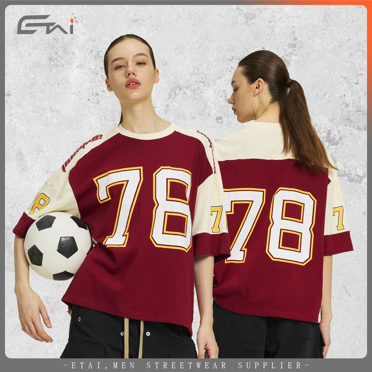 Ropa de hombre ETAI | Ropa de hockey de color de contraste de algodón pesado, camiseta corta y ancha, costura, estilo deportivo, marca de moda para hombres, manga corta boxy image 4