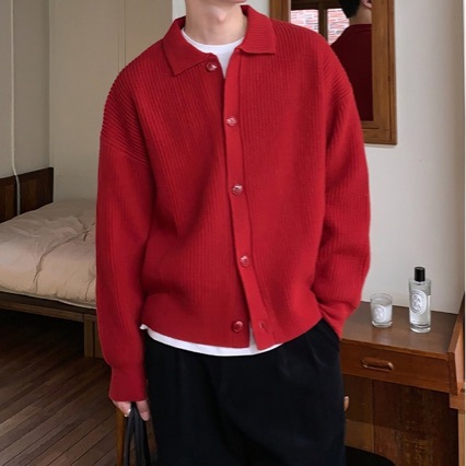 Autumn and Winter Trendy Light Mature Style Lapel Button Cardigan Men's Casual Loose Lazy Off-Shoulder Knitwear Small Jacket