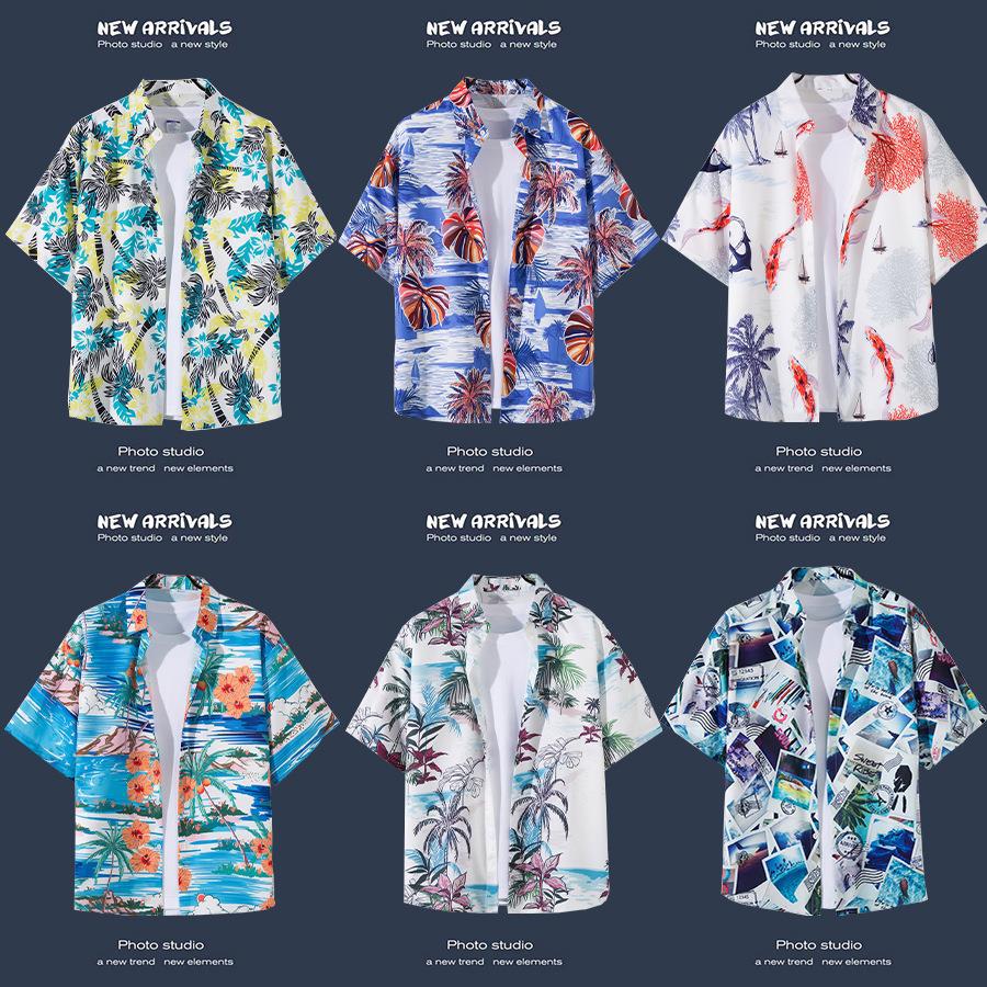 Camisas de manga corta estilo Hong Kong para hombres y mujeres, camisas florales de manga tres cuartos holgadas y delgadas de verano para playa hawaiana