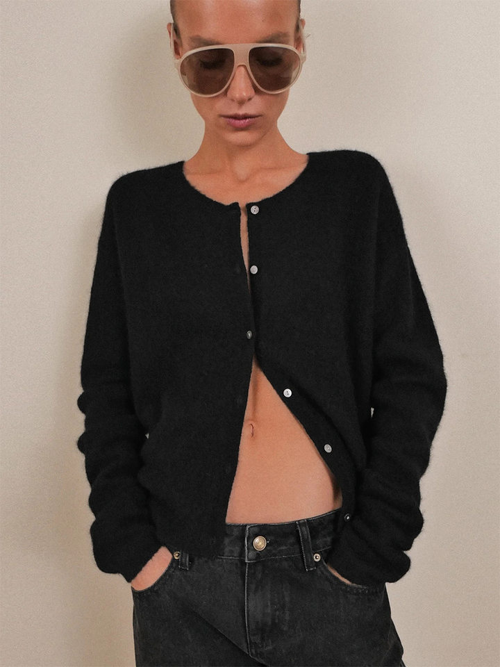 Áo cardigan len nữ cổ tròn dáng rộng cài khuy một hàng, dài tay, phong cách thanh lịch — Màu trắng, Xanh bạc hà, màu xám chi tiết 27