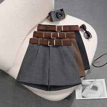 配腰带~灰色毛呢短裤2025冬季女装高腰时尚外穿a字阔腿靴裤潮9785