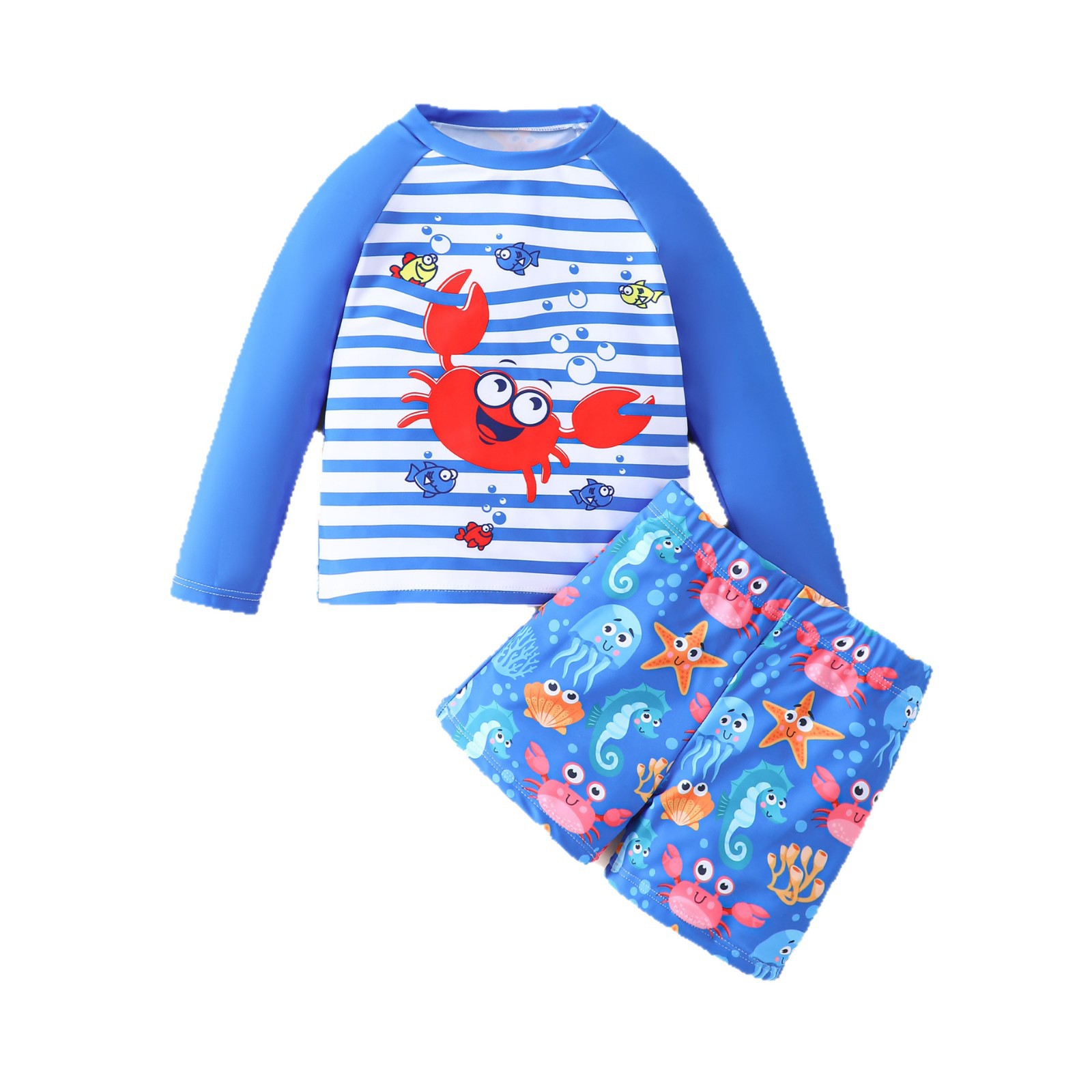 Niños trajes de baño a rayas mangas de hombro dibujos animados cangrejo manga larga impresión completa hipocaballo estrella de mar pantalones cortos trajes de baño