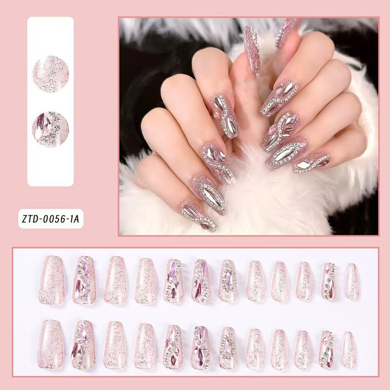 Cross-Border 24-Piece Heavy-Duty Glitter Water Drop Powder Diamond Chain T-Shaped Nail Art Pieces Removable Wearable Nail Pieces Wholesale