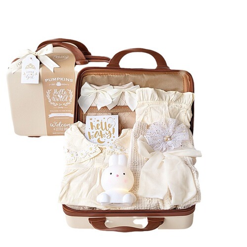 Baby gift set for newborn girls, beige clothing set, wood carved suitcase, 100th day birthday gift, meet and greet item