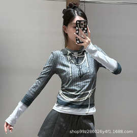 南油品质2025秋季新款趣味假两件3D印花珍珠配饰打底衫长袖T恤女