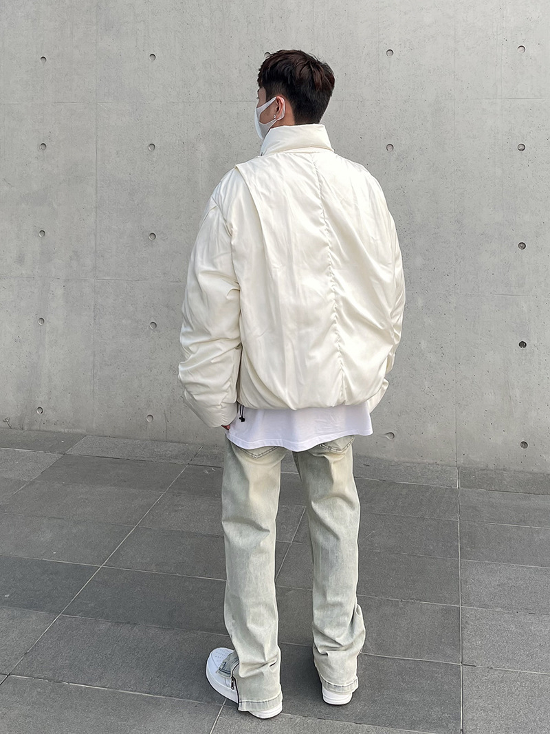 American High Street Vibe vintage lavado apenado amarillo barro teñido cremallera split jeans hombres pantalones largos rectos