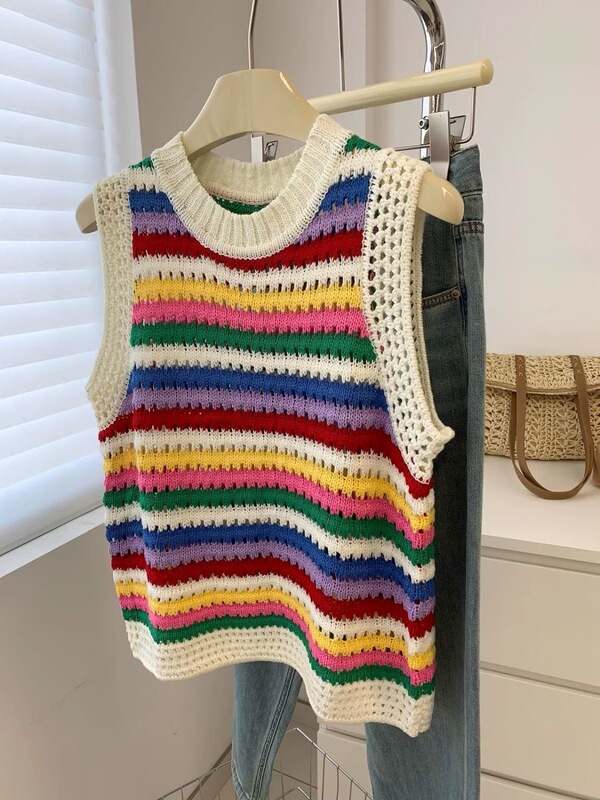Dopamine Color-Block Rainbow Striped Knit Vest for Women, Youthful and Versatile, Hollow-Out Round Neck Sleeveless Top