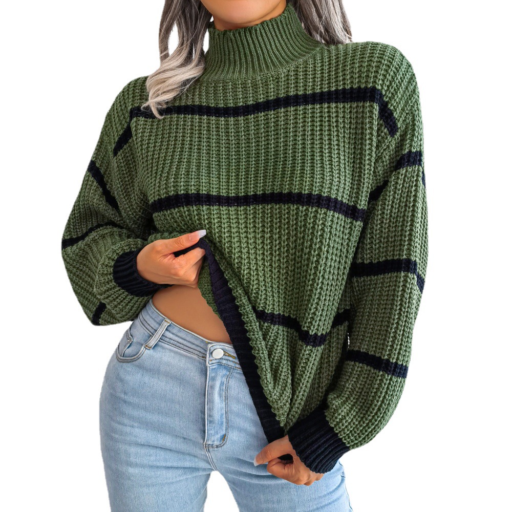 Real Shot of 2025 Autumn and Winter European and American Casual Stripesd Lantern Sleeve Half Turtleneck Knitted Sweater Amazon Cross-Border Women's Clothing