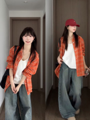 橘色格子衬衫早秋外套女2025年春夏季新款宽松复古美式防晒衬衣潮