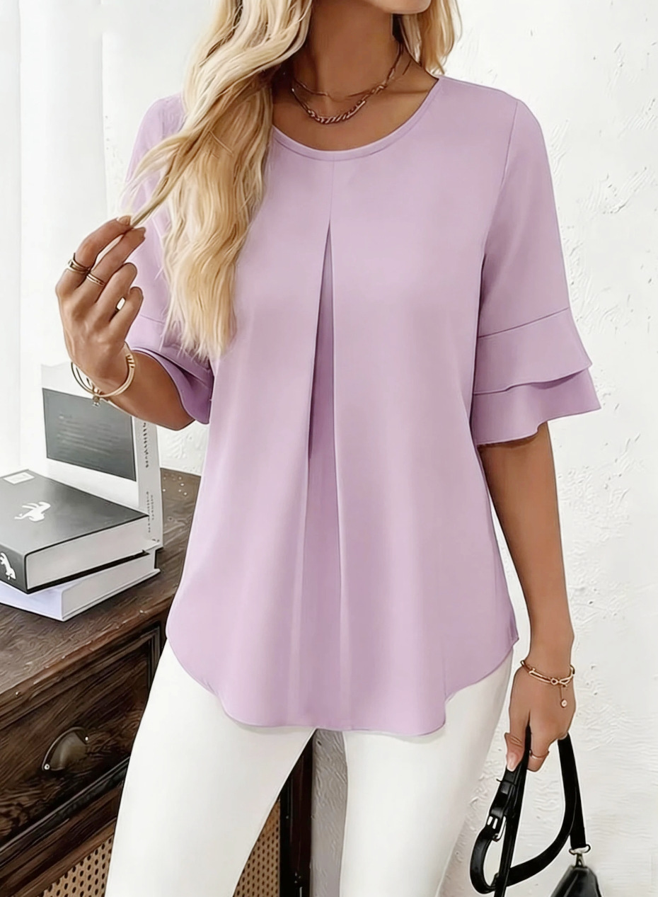 Women's Floral Ruffle Trim Relaxed Fit Blouse Short Sleeve Flowy Tunic Top for Summer_ecoleips.com
