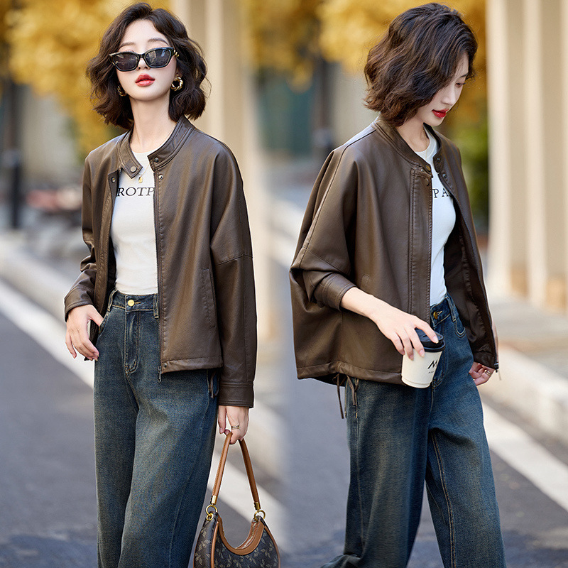 Counter Same Style Genuine Leather Jacket for Women 2025 Autumn and Winter Short Motorcycle Korean Style Jacket Loose Stand Collar Leather Jacket