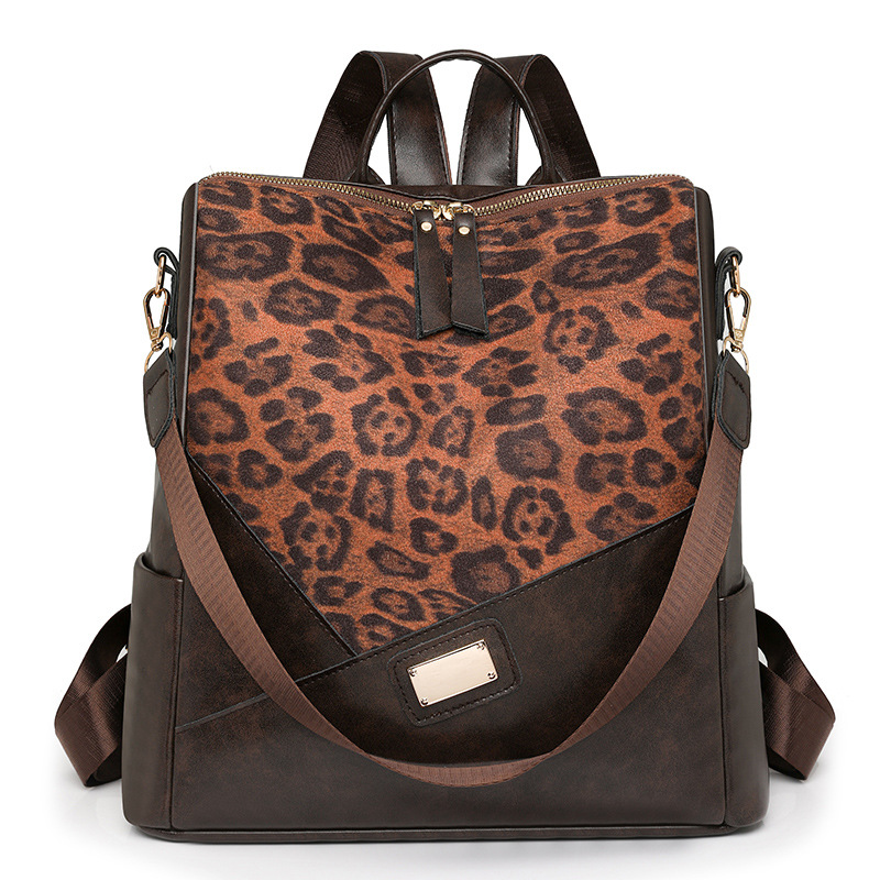 Comercio exterior al por mayor 2025 nuevo estilo estampado de leopardo contraste color damas PU mochila de viaje multifuncional de moda