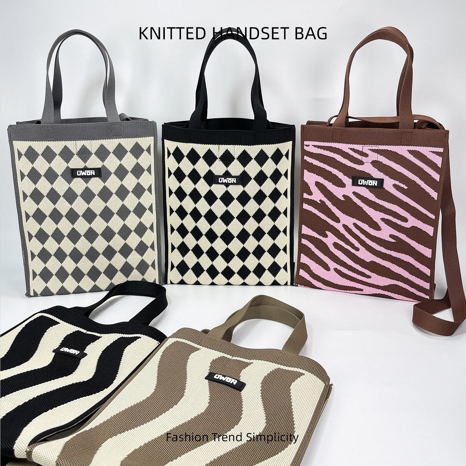 Nuevo bolso de hombro de punto de rombo en blanco y negro, bolso de mensajero de viaje de gran capacidad casual coreano, bolso cuadrado pequeño