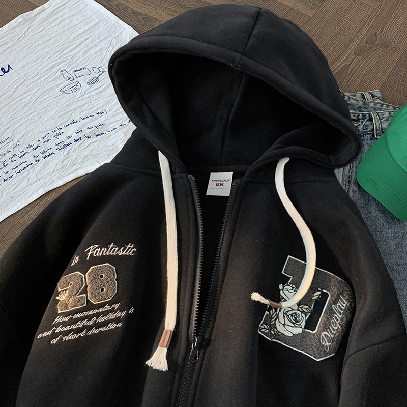 Albaricoque letras toalla bordado cardigan suéter hombres con capucha primavera y otoño americano retro moda abrigo pareja top