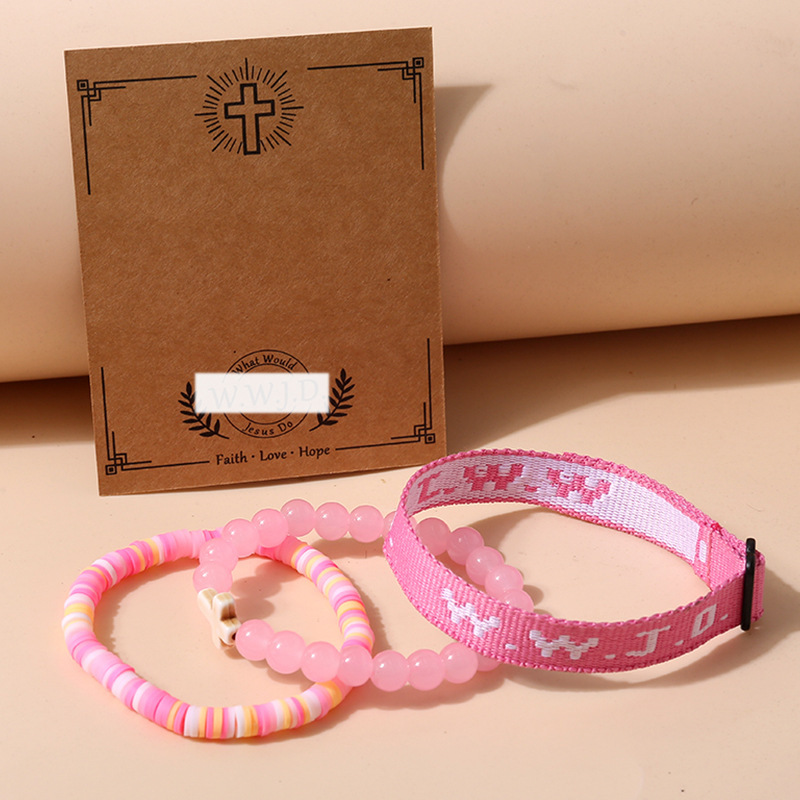 Cross-Border Pink Layered Set Wwjd Bracelet Fashion Personality Cross Imitation Pearl Beaded Elastic Set Bracelet Cross-Border Pink Layered Set Wwjd Bracelet Fashion Personality Cross Imitation Pearl Beaded Elastic Set Bracelet