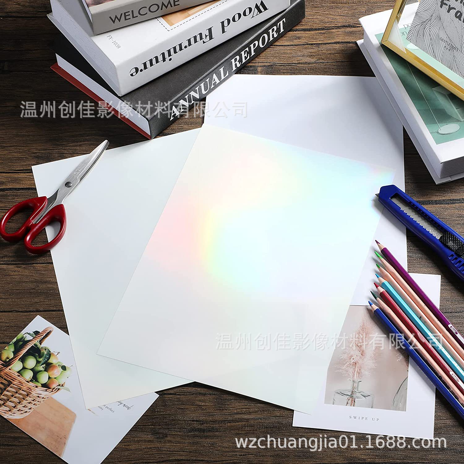 En stock estándar americano A4 tamaño transparente Arco Iris impermeable de secado rápido serie láser holográfico vinilo adhesivo papel de impresión
