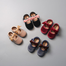 韩版蝴蝶结女童皮鞋防滑软底小宝宝春秋新款绒面玛丽珍公主单鞋