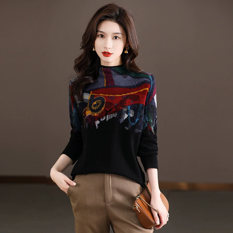Женская водолазка из 100% чистой шерсти, новый модный свитер, осенне-зимний свободный шерстяной свитер больших размеров, темпераментный шерстяной свитер с принтом