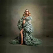 外贸网纱一字肩孕妈性感艺术拍照婚纱前开叉喇叭袖小拖尾蓬蓬纱女