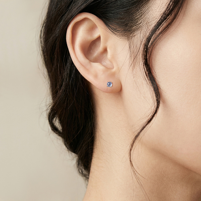 Bông tai nữ bạc S925 đính đá aquamarine hình tròn phong cách tối giản — Một đôi