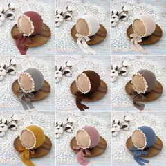 Cross-border newborn photography attire, baby cute photo style hat, infant waffle edge ribbon tie-on hat