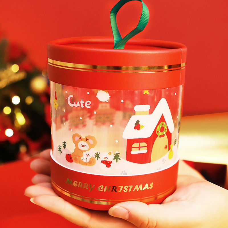 圣诞节圆桶苹果包装盒礼盒平安夜平安果糖果盒透明圆盒红绿色抱抱