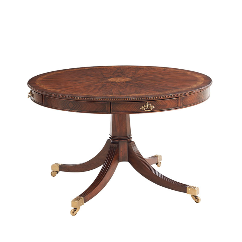 歐式宮廷實木圓餐桌新古典鑲嵌銅件雕花餐廳家具桃花心木別墅桌子