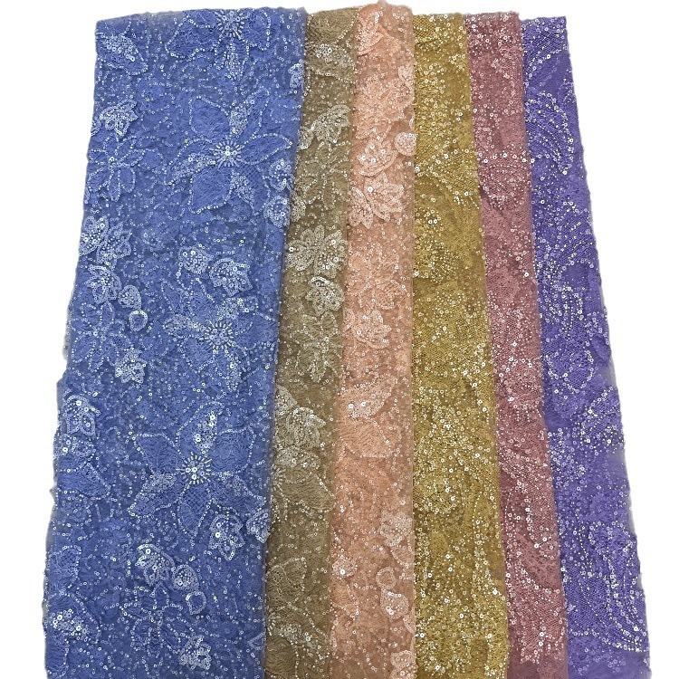 Tejido de bordado de sequilla tridimensional Tejido de bordado de tubo de encaje de alta fijación vestido de boda vestido de moda tela
